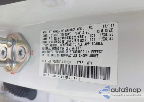 2015 Honda Crosstour Ex-L из США, поврежденный, VIN 5J6TF3H51FL000930